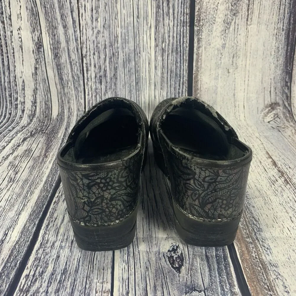 Dansko Floral Black Embossed Leather Professional Clogs Women’s 39